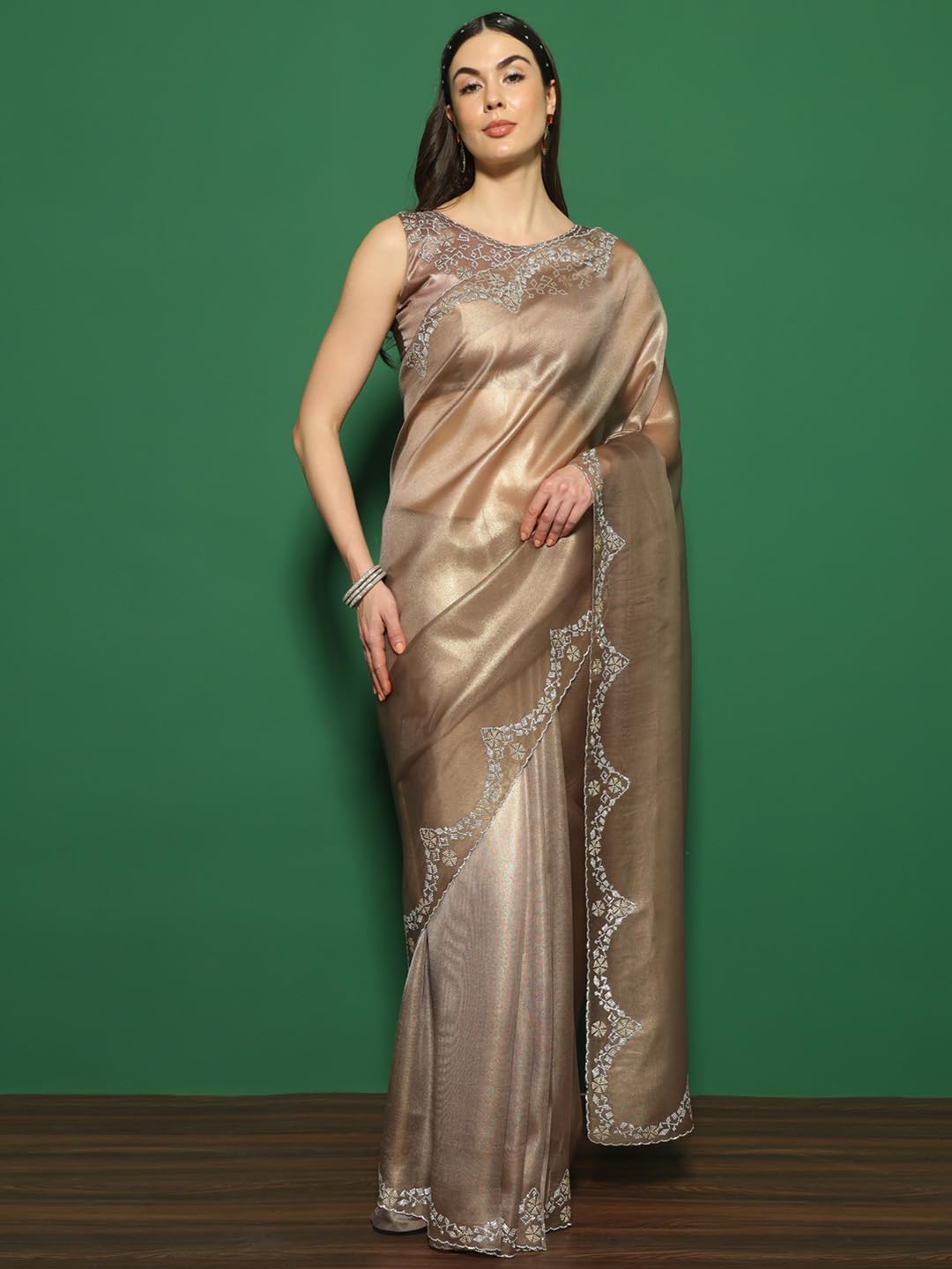 SAREE MALL Women's Organza Solid Saree With Unstitched Blouse Piece(Bronze_FF0MAHEK763B_MK)
