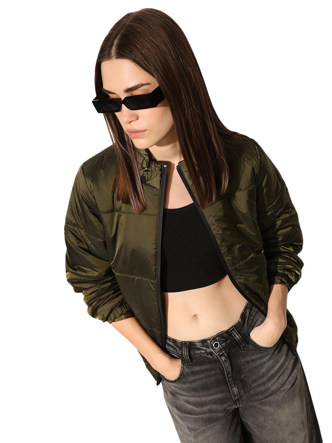 ONLY Women's Solid Regular Fit Green Jacket