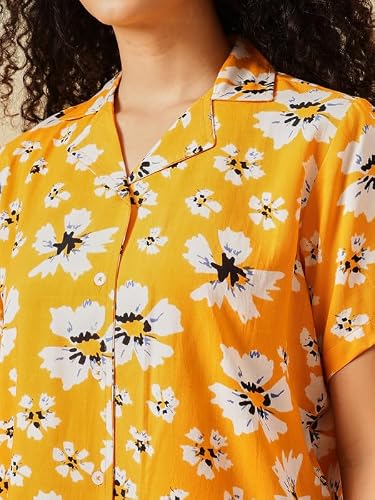 Clovia Women's Rayon Co-ord Nightwear Set – Printed Button-Down Shirt & Shorts | Lounge & Sleep Set (LS0141L02_Yellow_L)