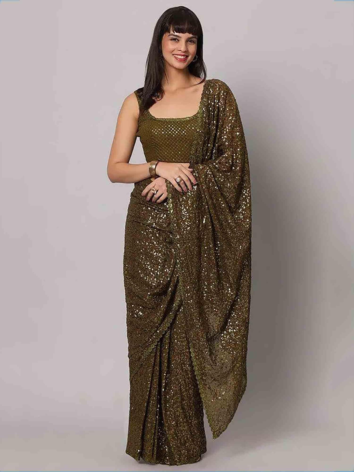 Zeel Clothing Women's Mehandi Green Sequins Work Heavy Georgette Saree with Blouse (1004-Olive-Green-Sequins-Party-Saree-New, Olive Green)