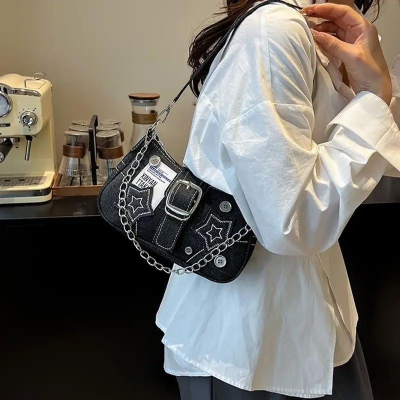 Denim Shoulder Bag for Women, Canvas Aesthetic Crossbody Bag, Lightweight Hobo Handbags, Retro Messenger Bag for Teen Girls, Casual Style Jeans Purse for everyday Use with Zipper Pockets (Black Chic)