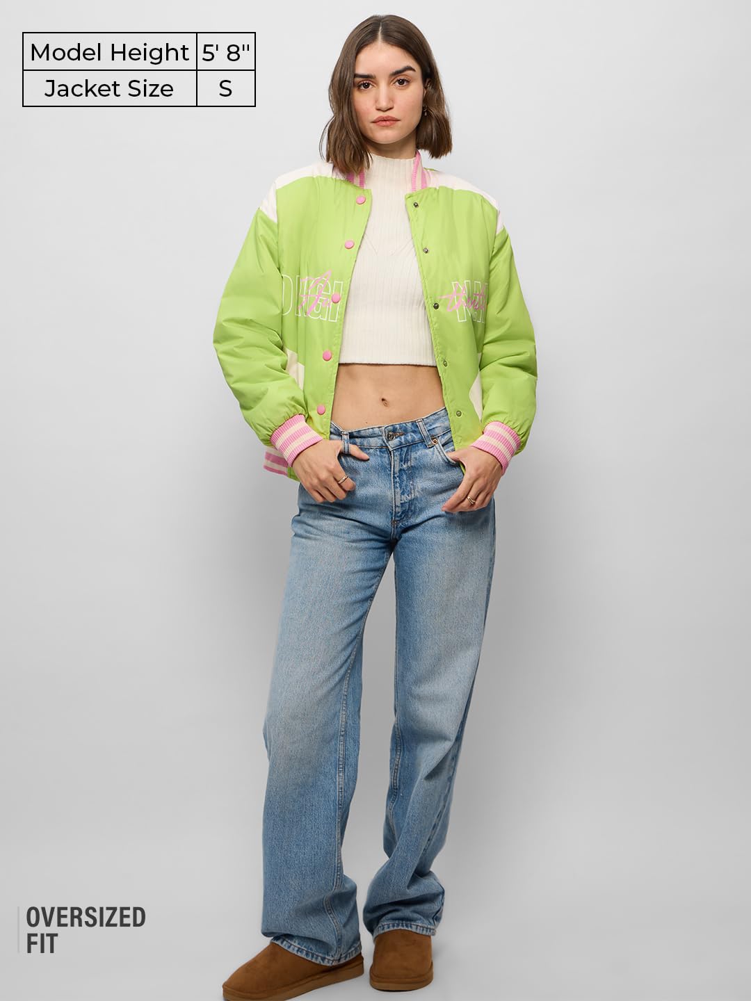 The Souled Store Official Varsity Jacket : Celery Lime Women and Girls Long Sleeve Button Front Multicolor Graphic Printed Oversized Fit Varsity Jackets