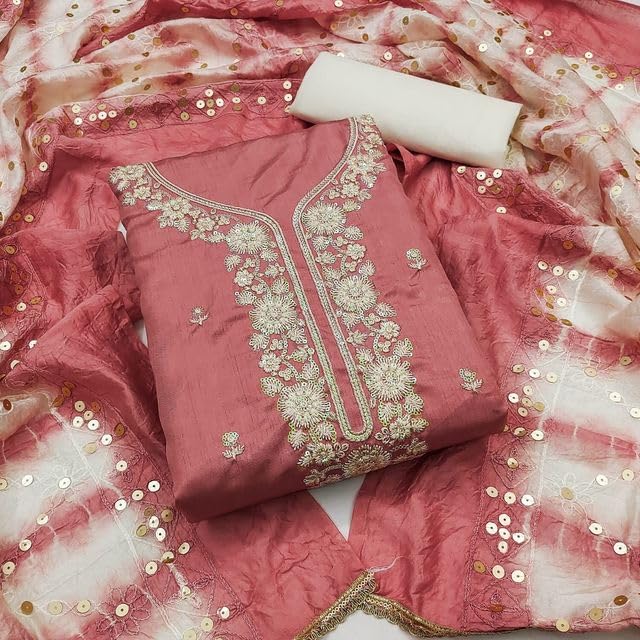 VARNI FABRICS Coco Silk Dress Material for Women Embroidered Unstitched Woman Salwar Suit Dress Material With Cotton Dupatta Rose Pink