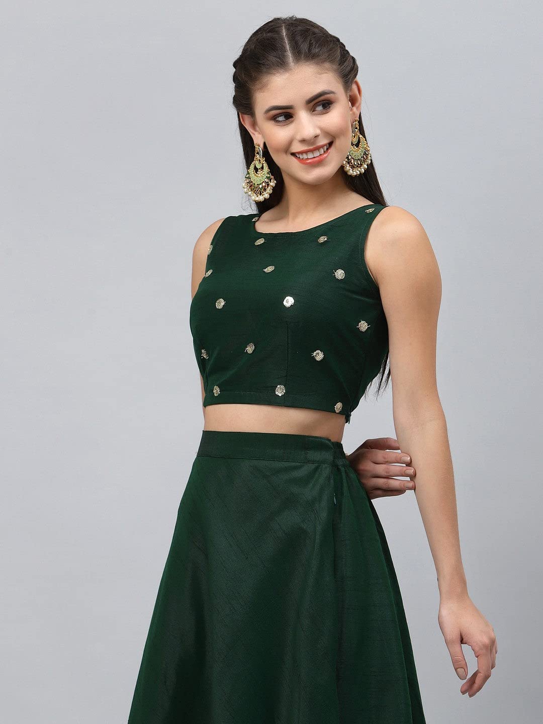 studio rasa Net Women's Girls Sequin Embroidered Sleeveless Blouse Crop Top For Wedding Festive(Tpwc22044S_Bl_Green_Small)