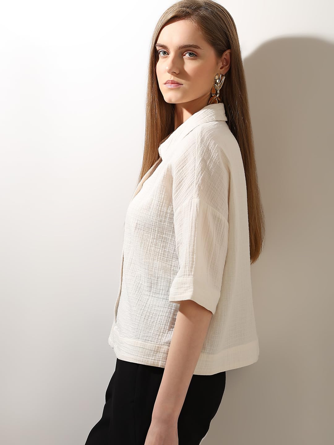 VERO MODA Women Solid Beige Cotton Regular Fit Shirt