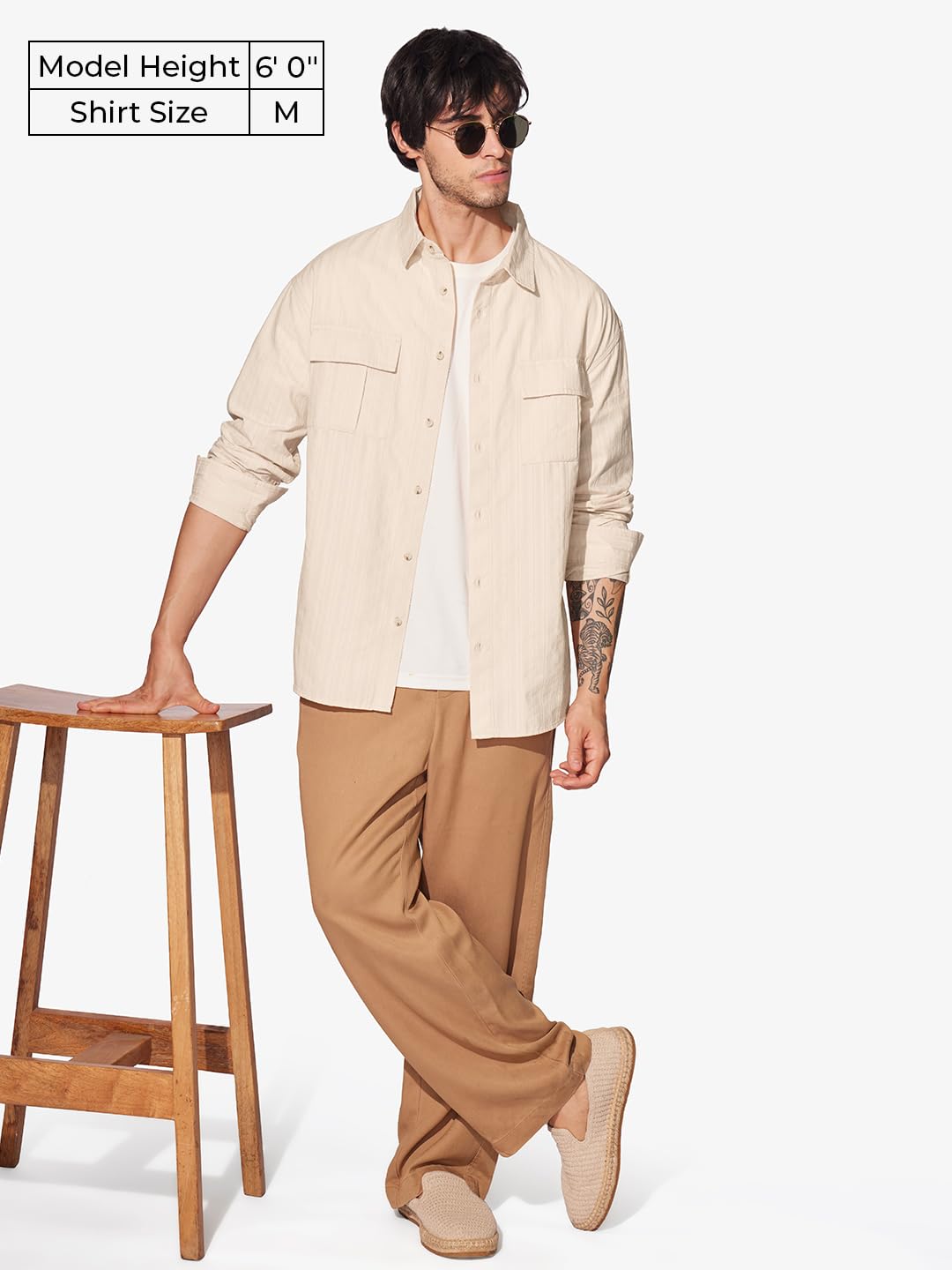 The Souled Store Solids: Rich Cream Men and Boys Long Sleeves Collared Neck Button Front Cotton Relaxed Fit Shirts