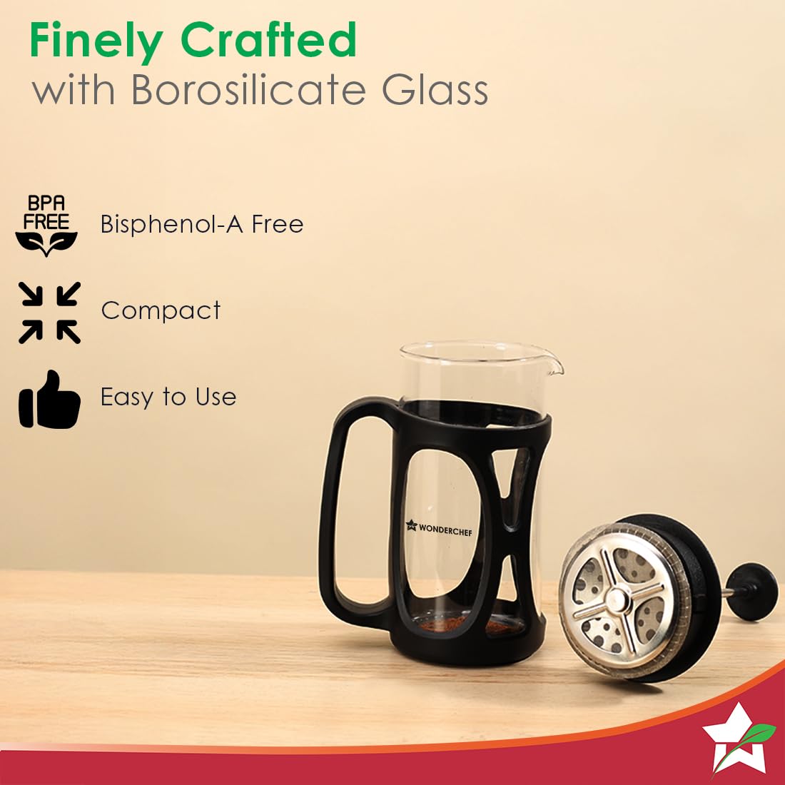 Wonderchef French Press Coffee Maker & Milk Frother Gift Combo | Brew in 3 Mins | Heat Resistant Borosilicate Glass Carafe | Battery-Operated Frother for Coffee, Hot Chocolate, etc.