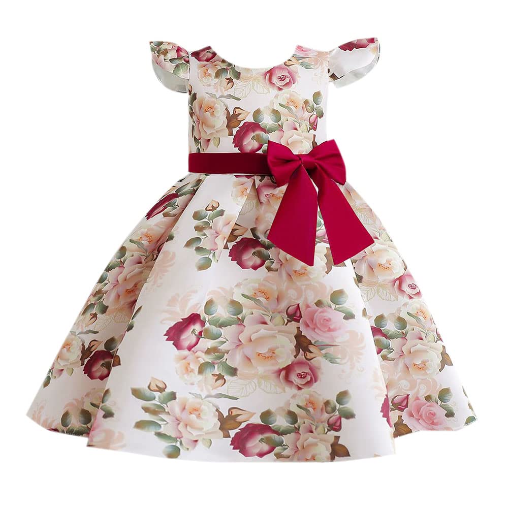 Hopscotch Girls Floral Print Party Dress In Red Color for Ages 7-8
