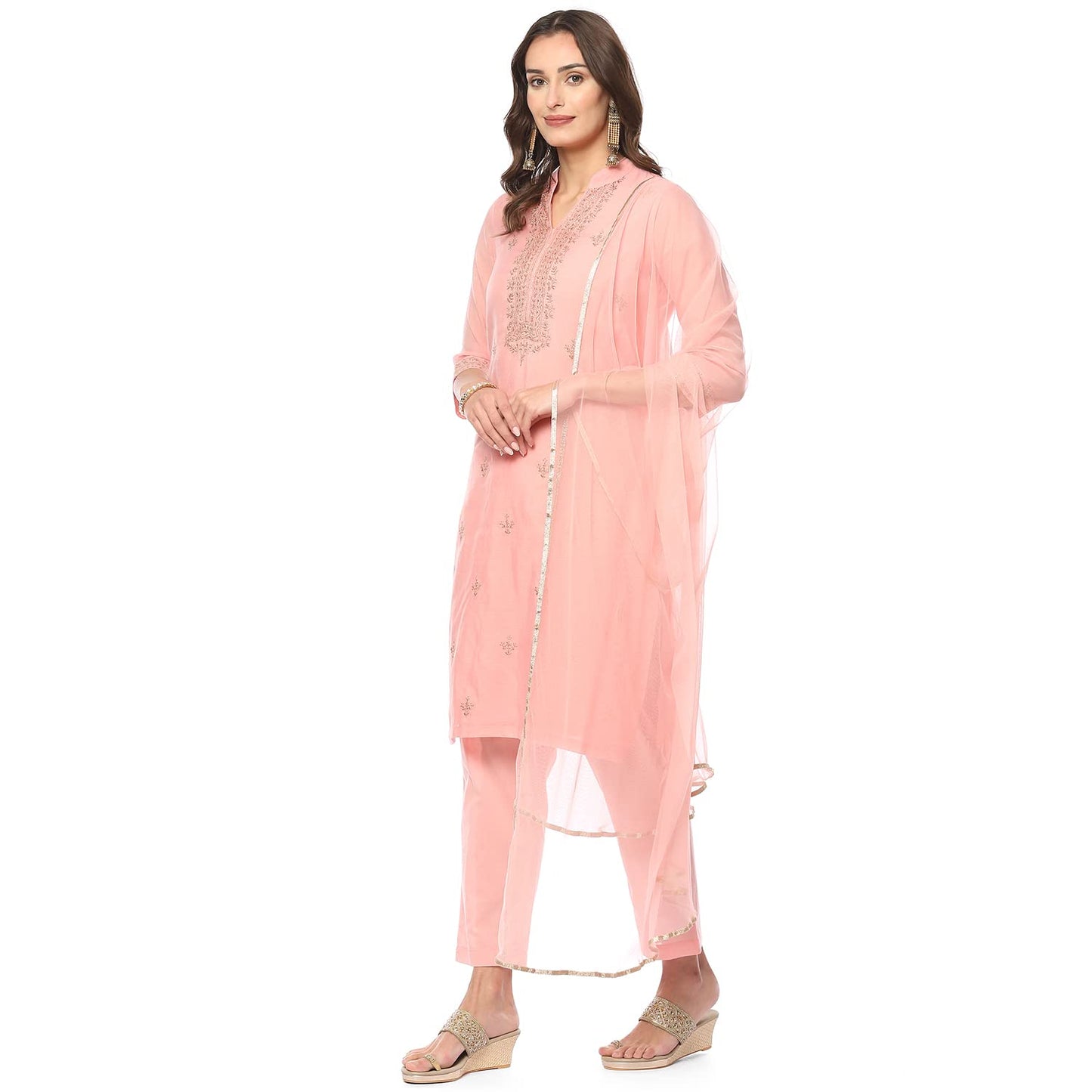 BIBA WOMEN EMBROIDERY NARROW SALWAR KURTA DUPATTA(SKDASSORTED8491_BLUSH PINK_46)