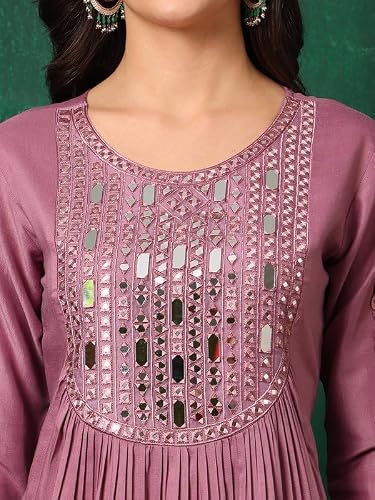 NIVANA Stylish Womens Mirror Embroidered Kurta with Pant & Embroidered Dupatta | Lightweight & Breathable | Ethnic Traditional Outfit for Womens & Girls (Lavender,2XL)
