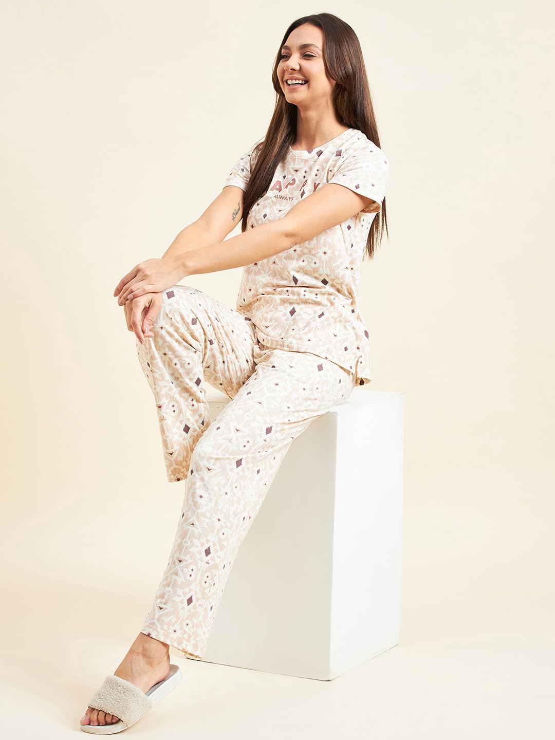 Sweet Dreams Women's Cotton Blend Geometric Pajama Set Pack of 2 (2001AXCO Butter XL)