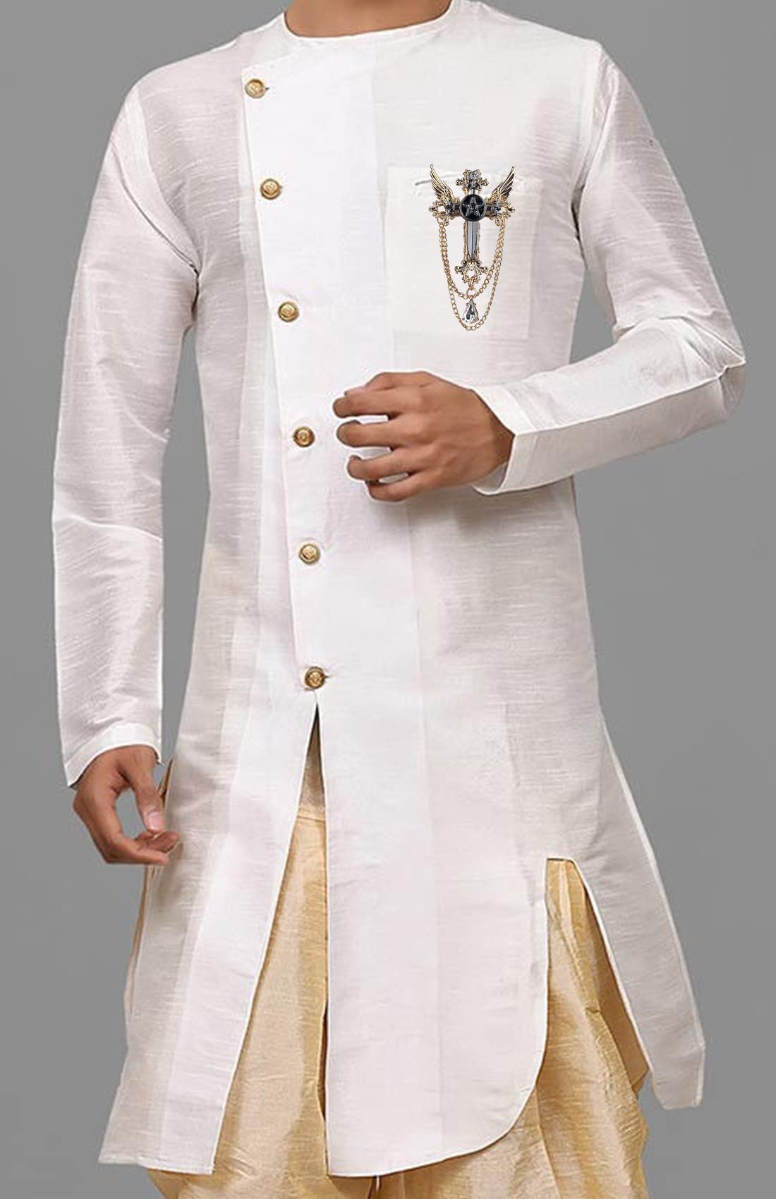 Mahi Black Cross and Wings Hanging Chain Sherwani Brooch with Crystal for Men (BP1101088G)