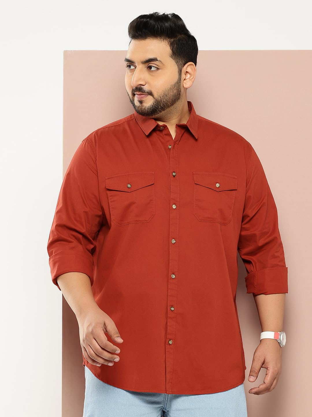 Thomas Scott Men's | Plus Size | Regular Fit | Long Sleeves | Spread Collar | Solid | 2 Flap Pockets | 100% Cotton | Casual | Shirt (TS1168_Rust_3XL)