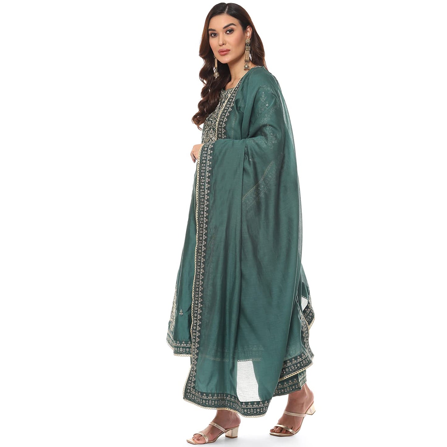 BIBA WOMEN EMBROIDERY STRAIGHT SALWAR KURTA DUPATTA(SKDKINARI7810_DARK GREEN_36)
