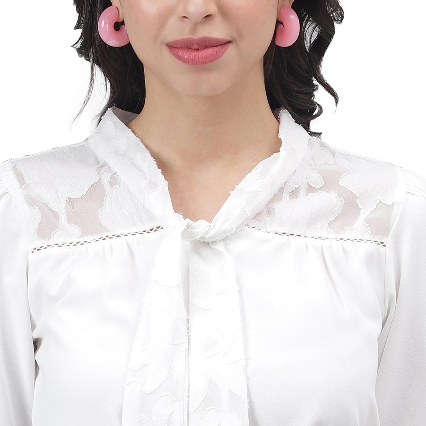 Latin Quarters Women White 3/4 Sleeve Tie-Up Neck Solid Top_M