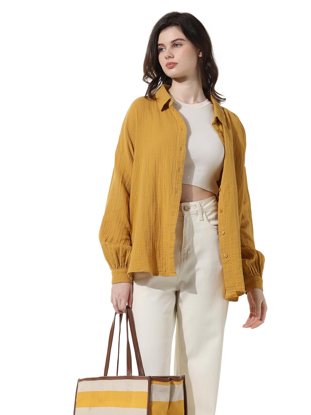 ONLY Women's Solid Oversized Fit Shirt (15334564-Harvest Gold_Harvest