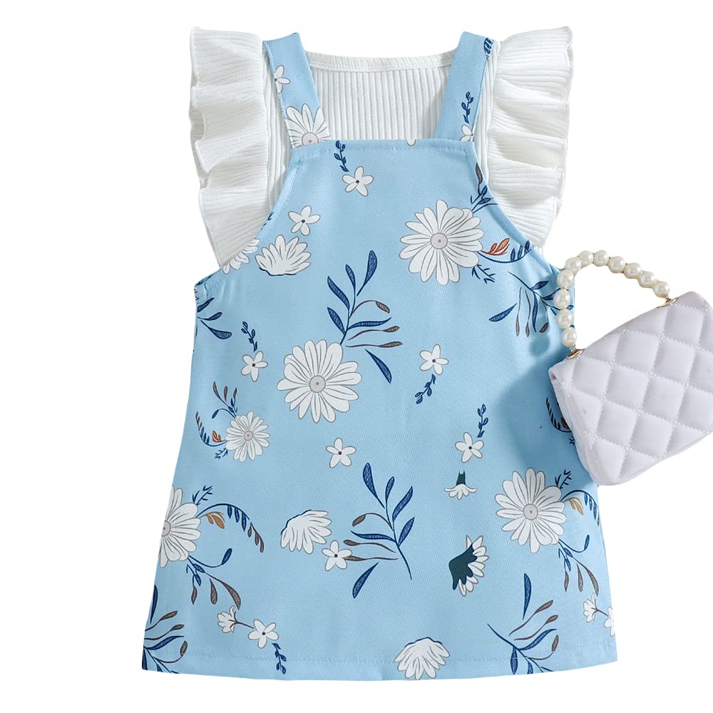 Hopscotch Girls Cotton and Polyester Floral Print T-shirt & Overall Pinafore Set in White Color For Ages 4-5 Years (BE1-4066901)