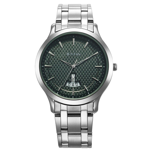 Titan Stainless Steel Analog Green Dial Men Casual Watch, Bandcolor-Silver