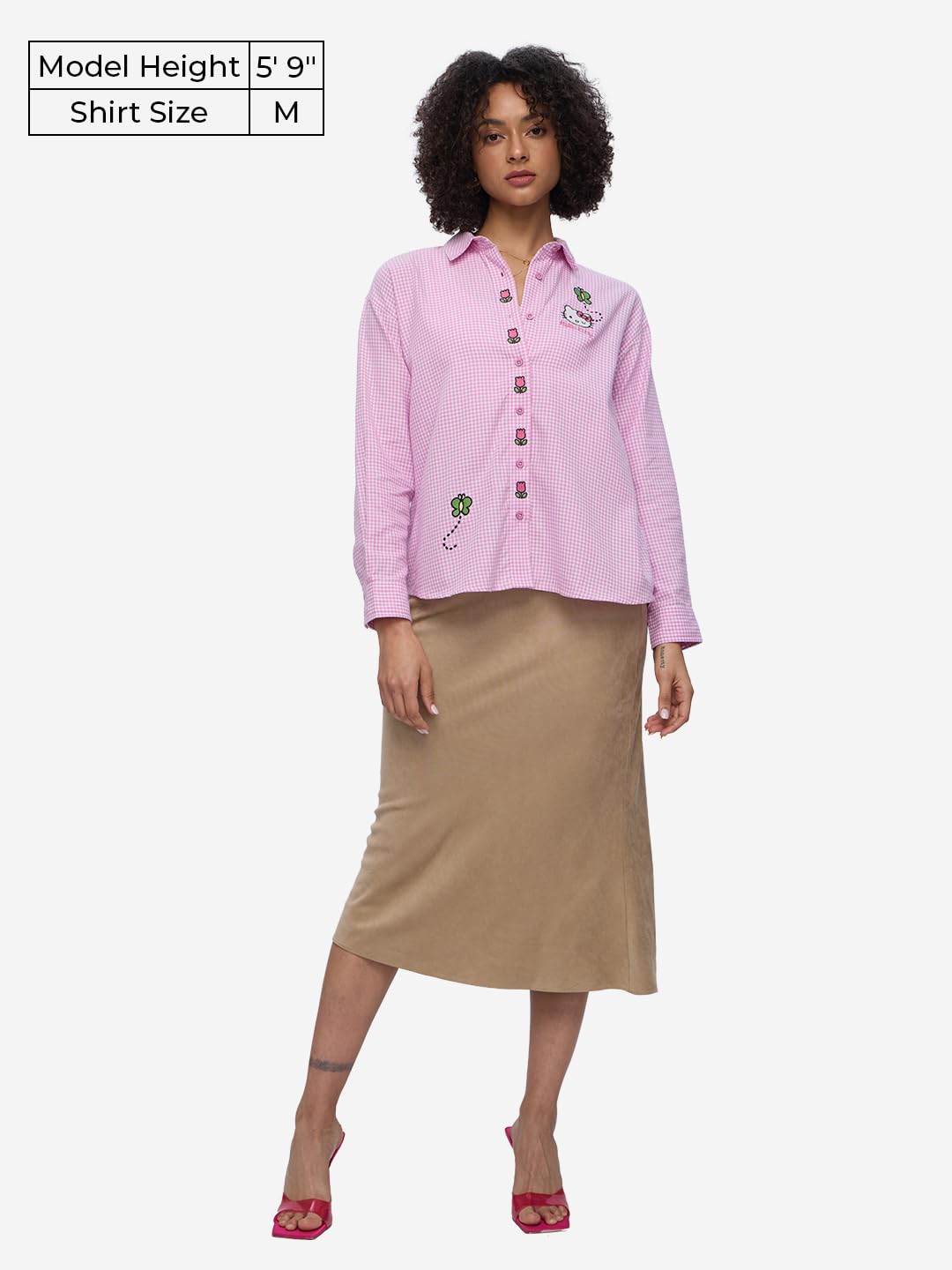 The Souled Store Hello Kitty: Very Plaid Women and Girls Long Sleeves Collared Neck Button Front Cotton Boyfriend Shirts Pink