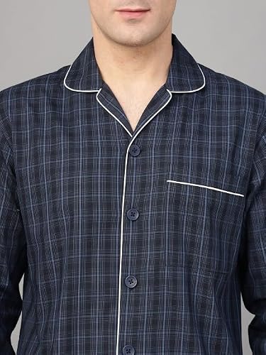 Hancock Men Checked Night Suit Navy Blue Size S