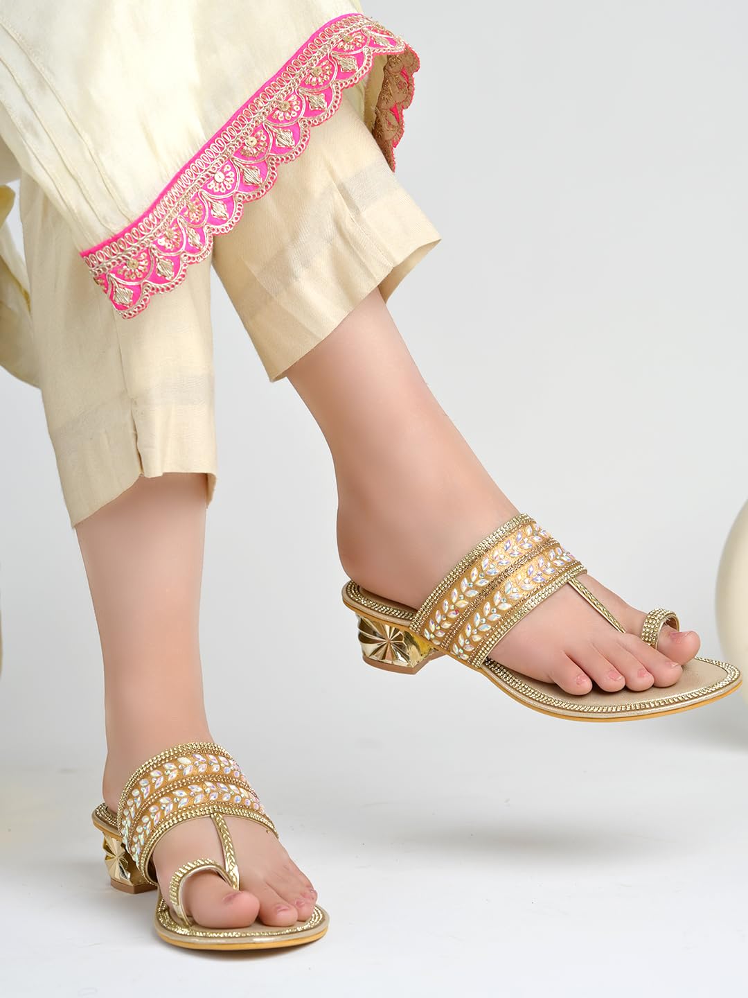 Shoetopia Women’s Golden Heel Sandals Block Heel Party Footwear Slip-On Footwear Elegant Shimmery Sandals for Wedding, Festive & Casual Outfits EU41
