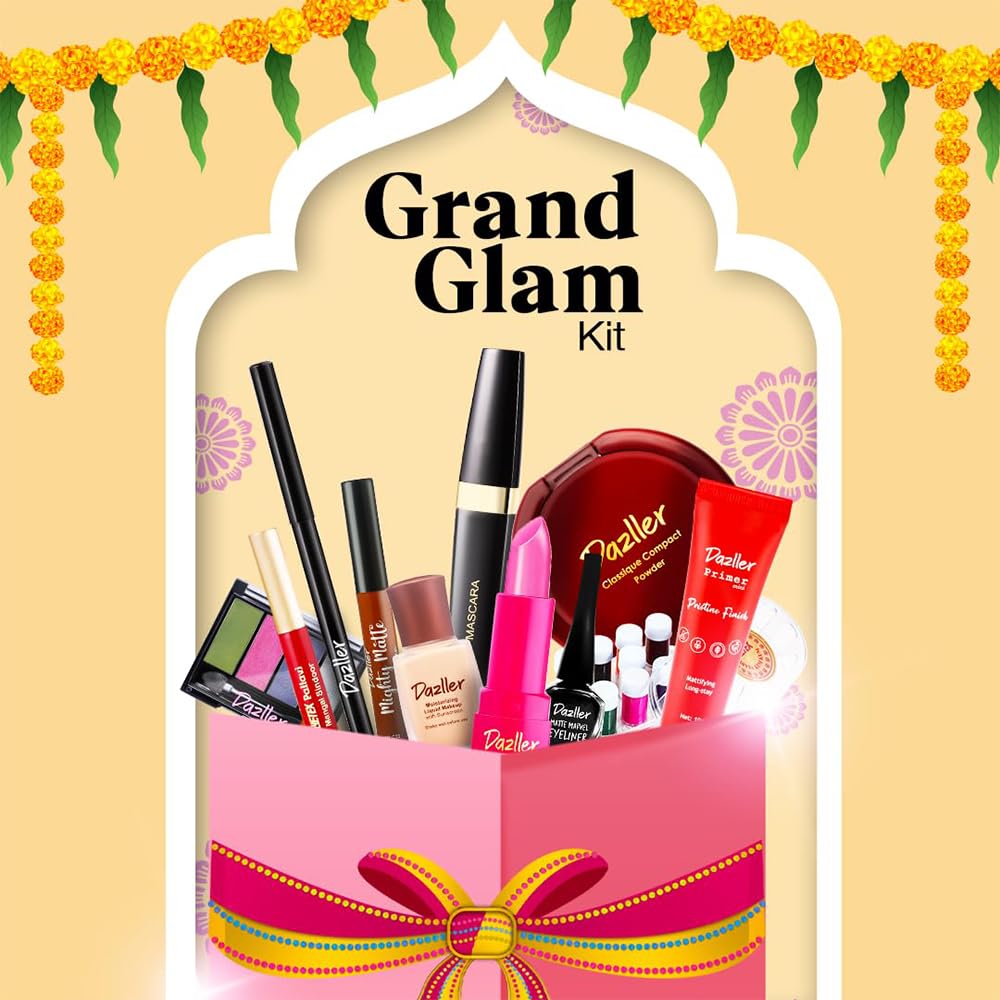 Dazller Grand Glam Kit - Medium Skintone, All-in-One Makeup Set with Primer, Liquid Foundation, Kajal, Mascara, Eyeshadow & More, Long-Stay, Lightweight, Water-Resistant, Suitable for All Skin Types