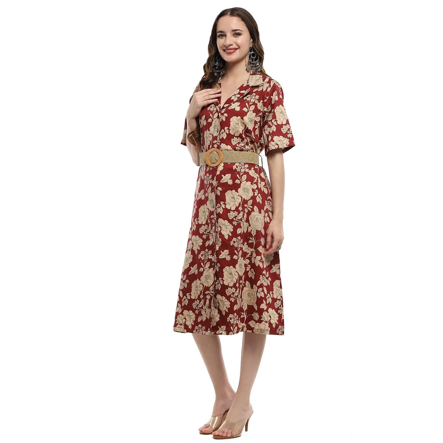 BIBA Women's Cotton Fit and Flare Below The Knee Formal Dress (ASSORTED1938EAW24MGNTA Magenta