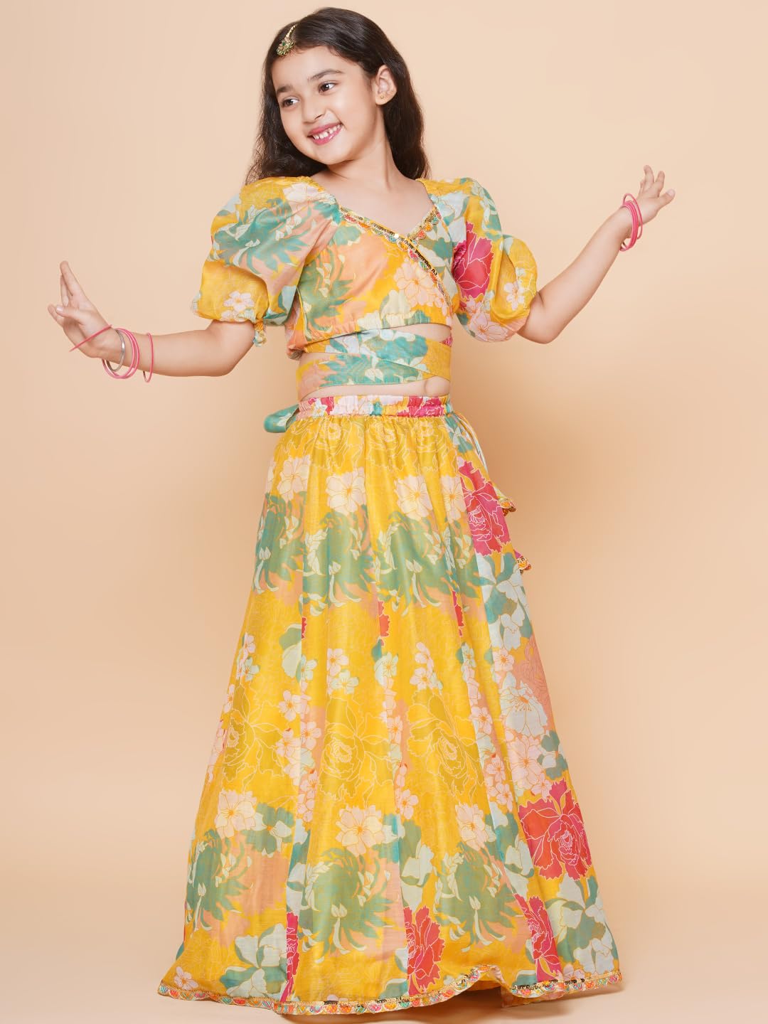 Bitiya by Bhama Girls Yellow Flower Digital Print Lace work Choli with Ready to wear Lehenga.