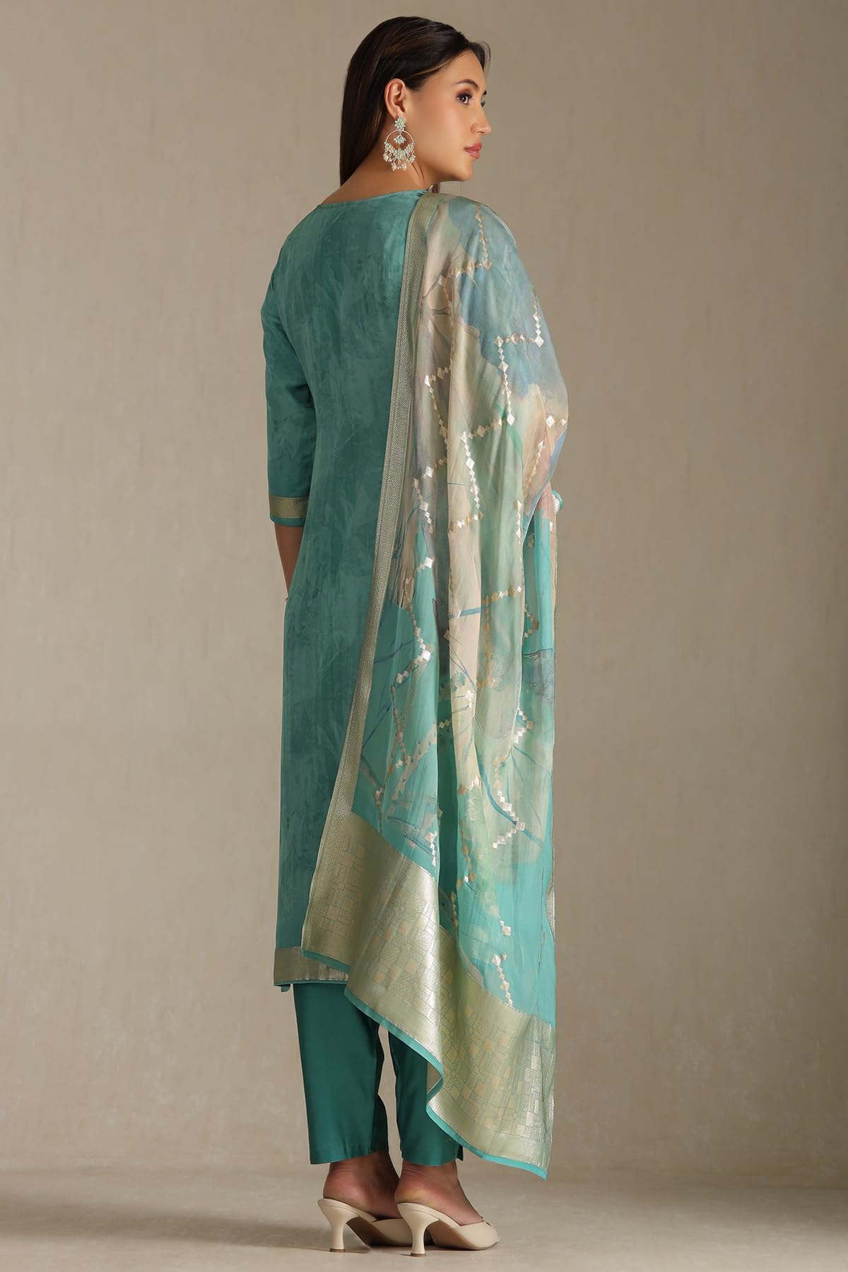 Soch Womens Organza Zari Woven Suit Set With Faux Mirror And Sequins