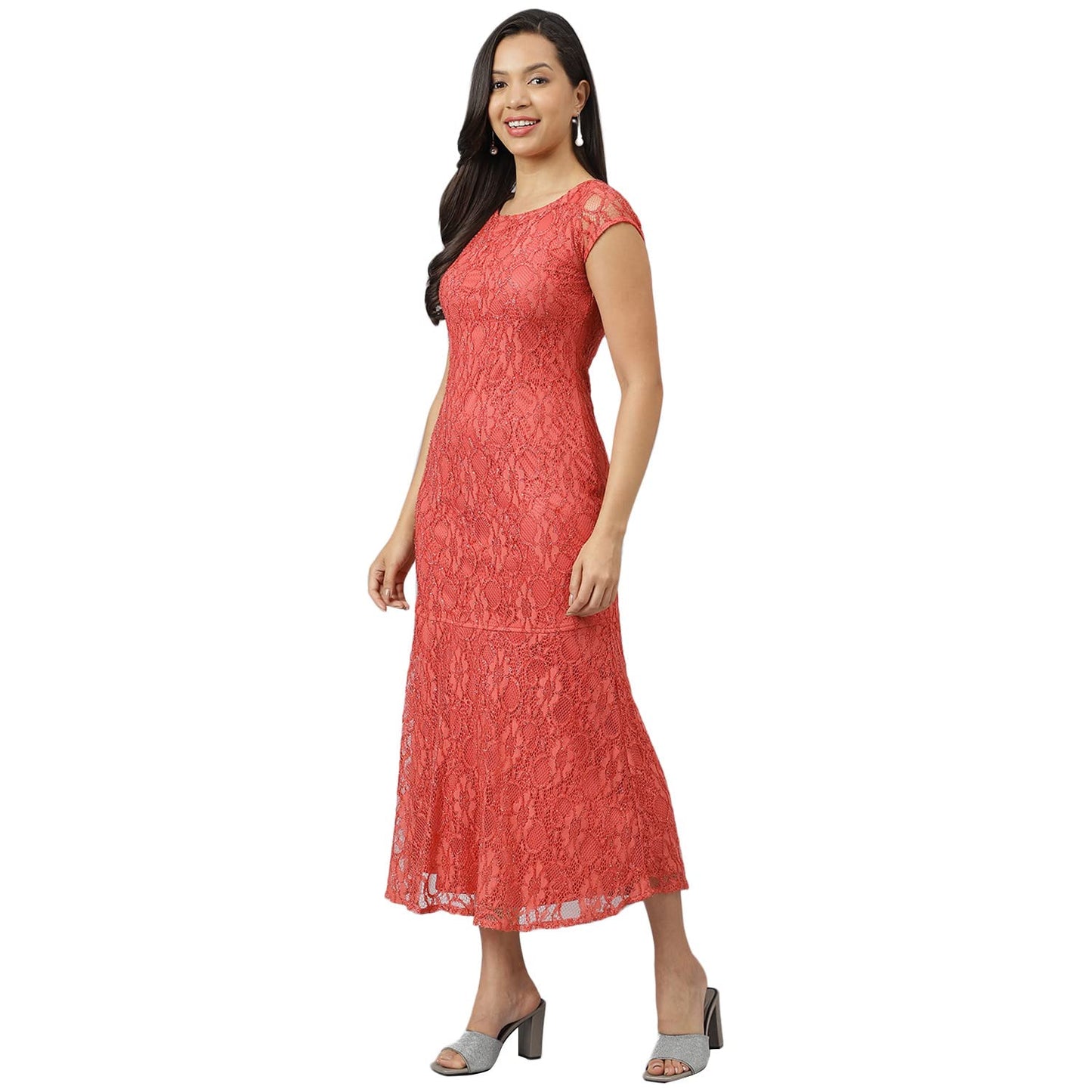 Latin Quarters Women's Rose Round Neck with Short Sleeve Lace Party Dress_XL