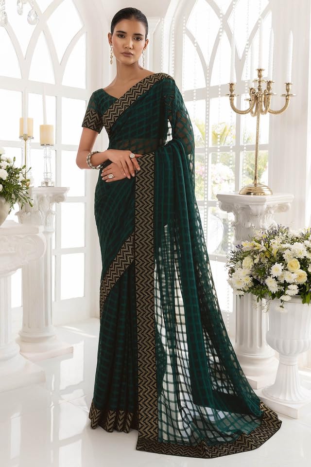 Soch Women Green Silk Checkered Saree (8907715832327_Green_FS)