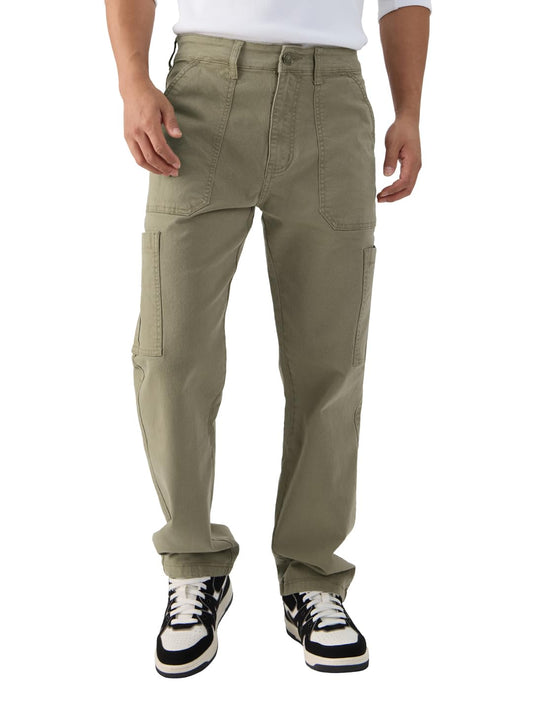 The Souled Store Solids: Light Olive Straight Fit Cotton Blend Cargo Jeans for Men and Boys - Effortless Utility and Style Combined