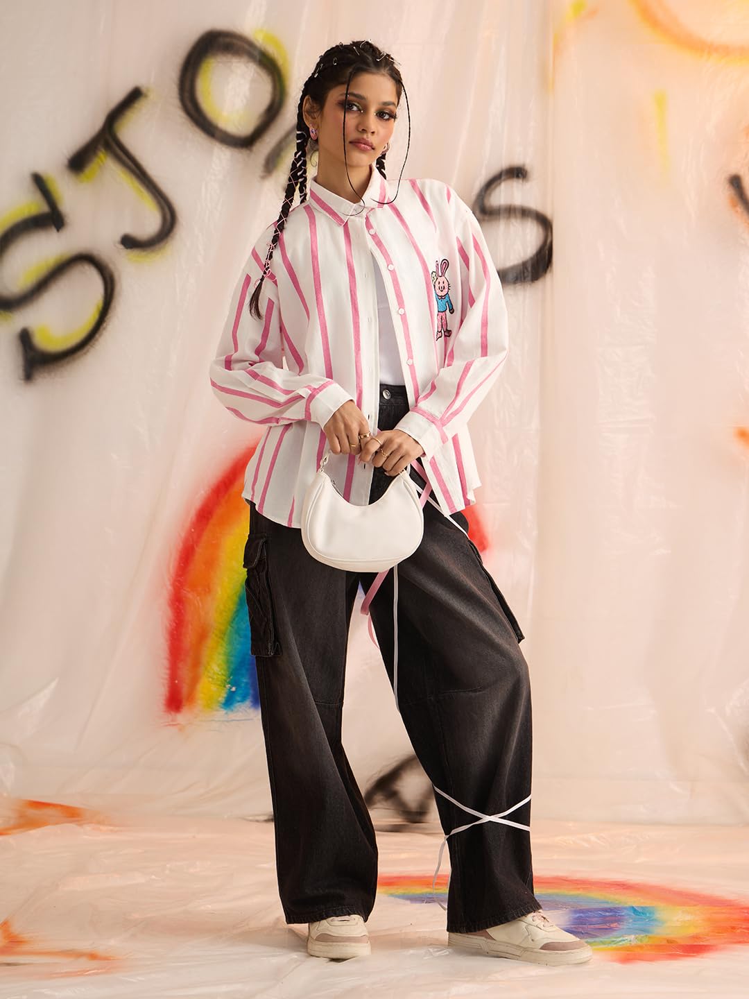 The Souled Store Pink Stripes: Clover Bunny Women and Girls Long Sleeves Spread Collar Button Front Striped Embroidered Cotton Oversized Fit Lightweight Comfortable All-Season Boyfriend Shirt