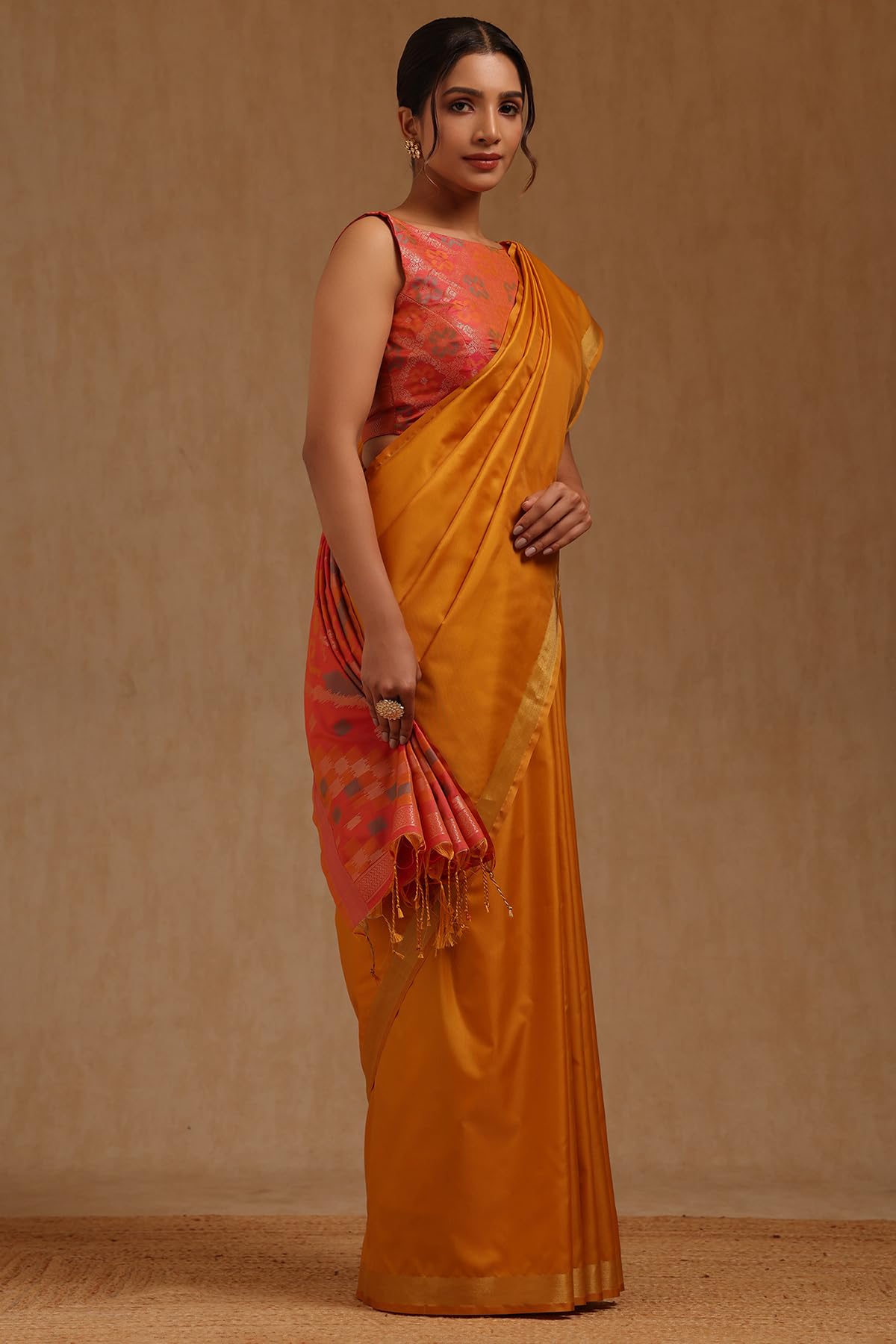 Soch Womens Mustard Silk Blend Solid Saree