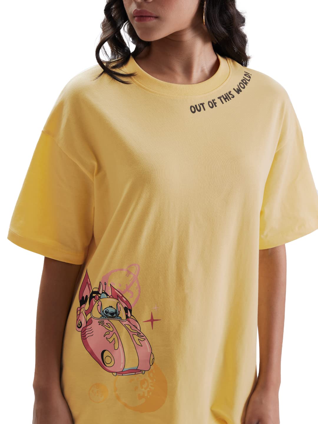 The Souled Store Lilo & Stitch: Out of This World! Womens and Girls Oversized fit Graphic Printed Half Cotton Yellow Women Oversized T-Shirts (220442_L_Yellow) Oversized T Shirts for Women