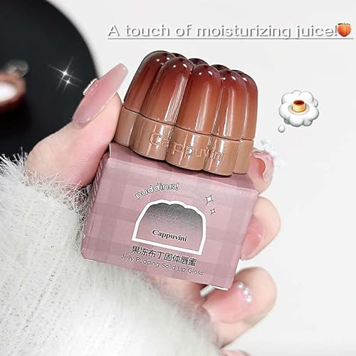 Cappuvini Jelly Pudding Solid Lip Gloss | Plumping Mirror Shine Lip Lacquer | Smooth Application Moisturizing Lip Butter | Trendy Shades Baby Pink Burgundy Mocha Peach Nude Coffee Brown | Pendant Wearable Mold Compact Mini Size | Gen Z Y2K Aesthetic Kawai