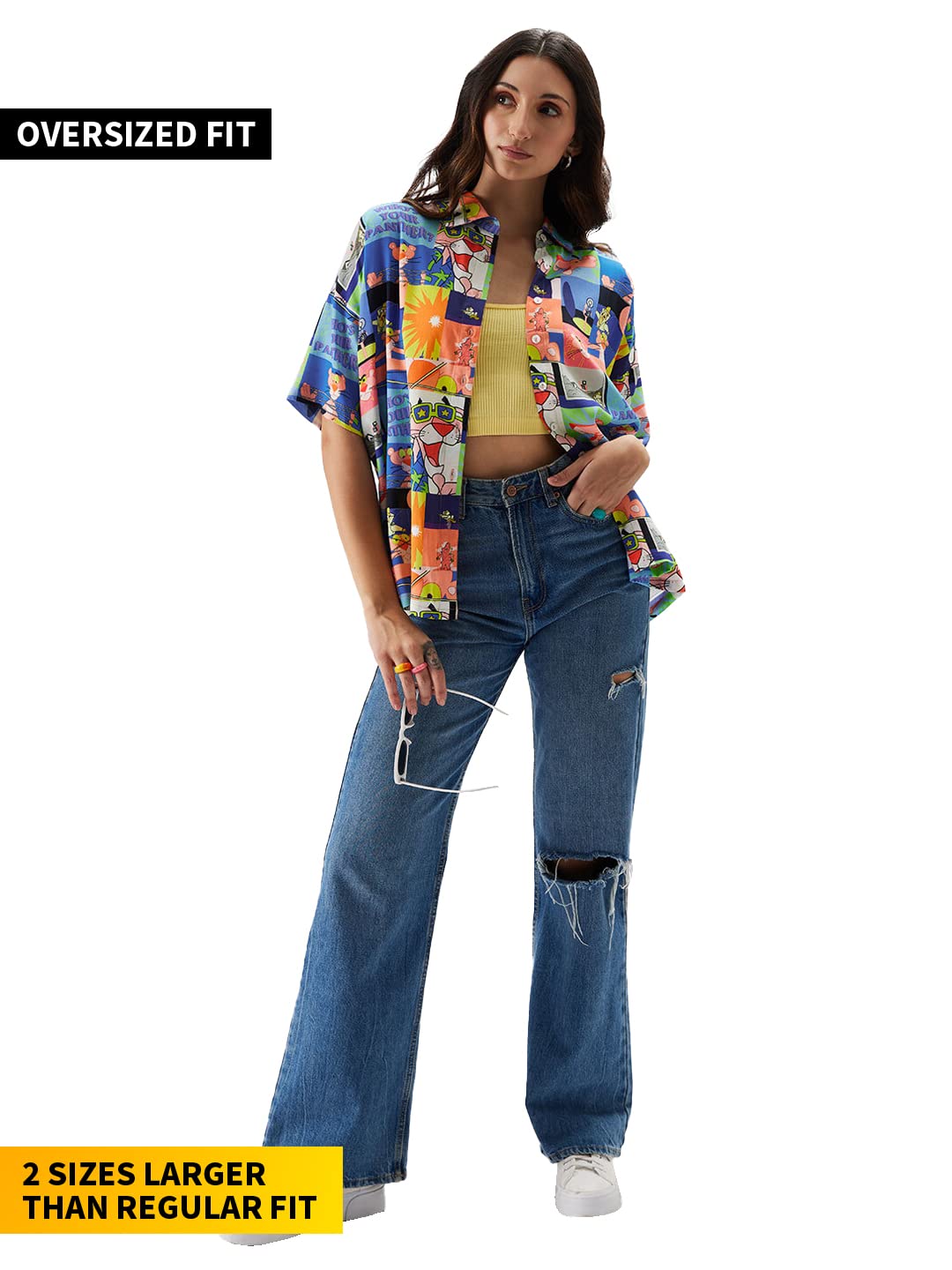 The Souled Store Official Pink Panther: Pattern Women and Girls Relaxed fit Graphic Printed Half Sleeve Rayon Multicolored Women Summer Shirts