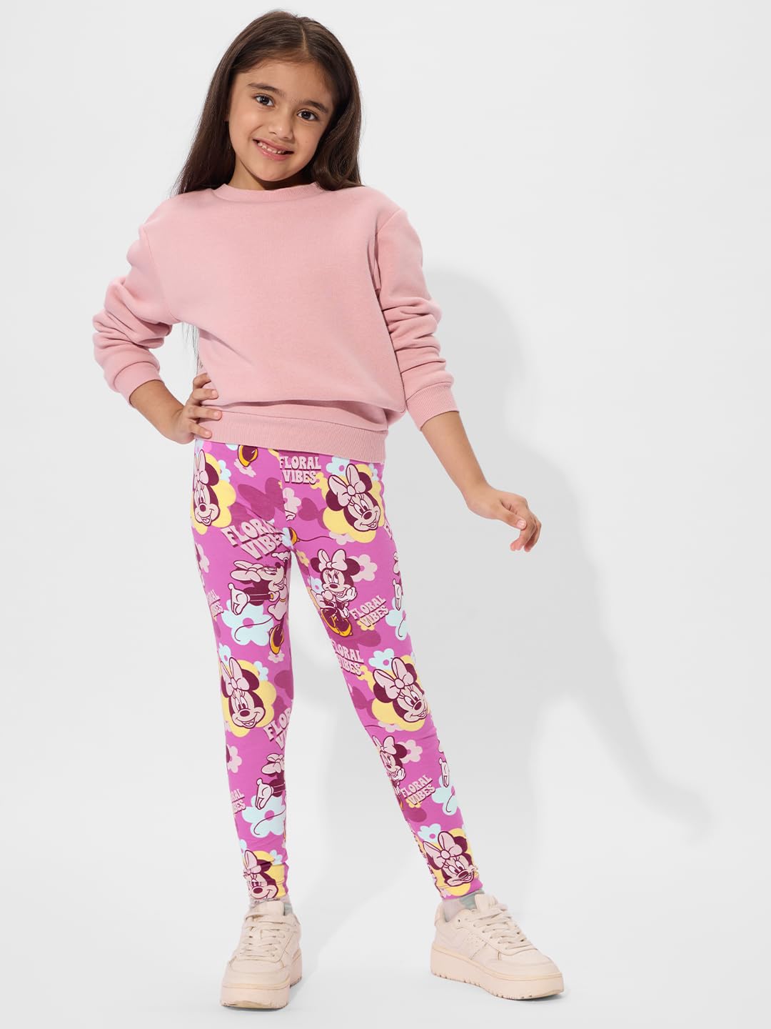The Souled Store Official Disney: Bowtastic Printed Cotton Leggings for Girls Pink