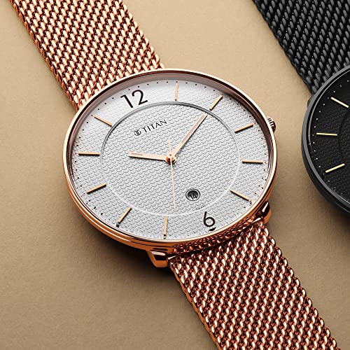 Titan Black & Gold Quartz Analog with Date White Dial Rose Gold Stainless Steel Strap Watch for Men - NT1849WM01