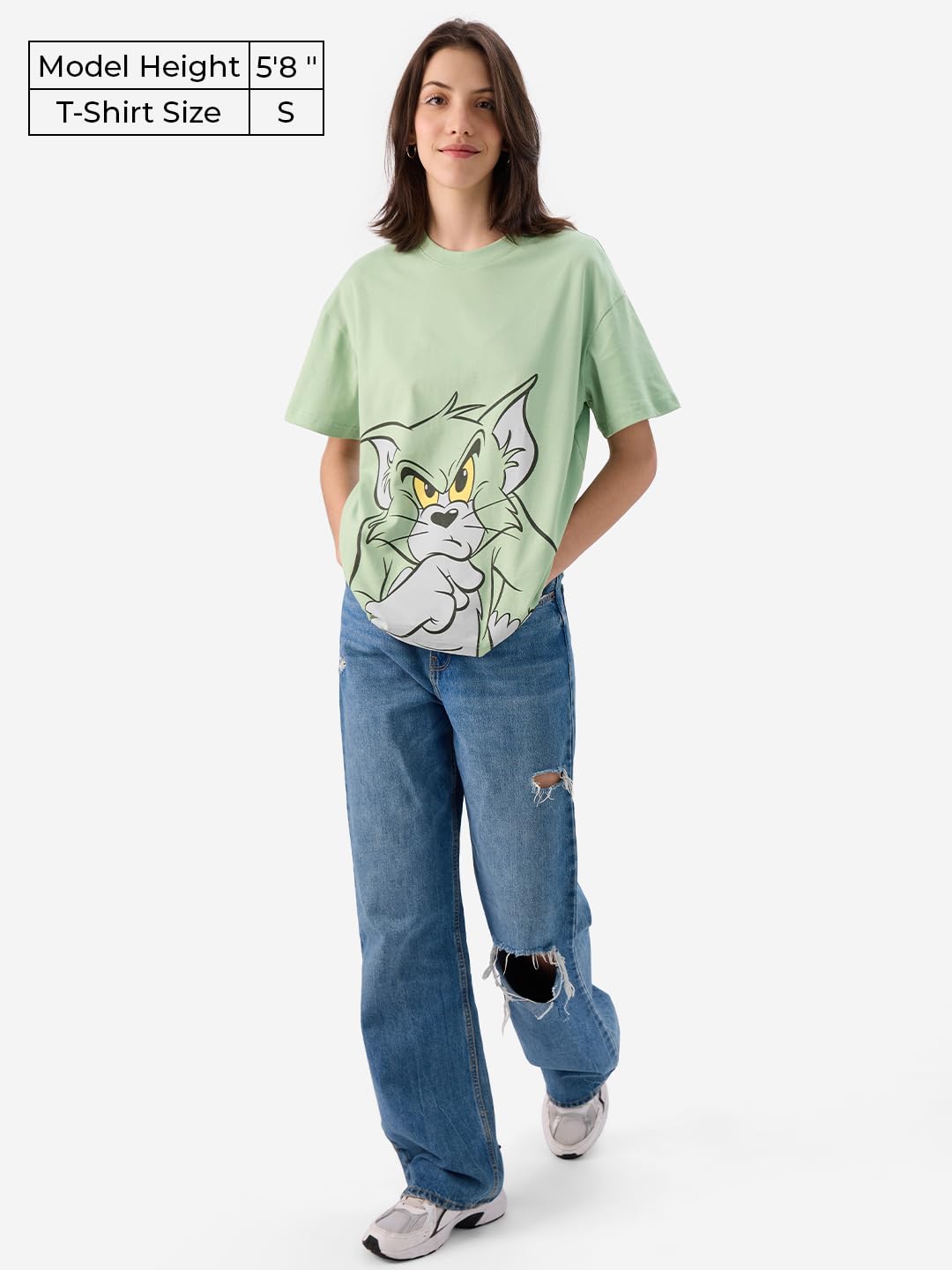 The Souled Store Official Tom and Jerry: Time to Think Women and Girls Short Sleeve Round Neck Green Graphic Printed Cotton Oversized T-Shirts