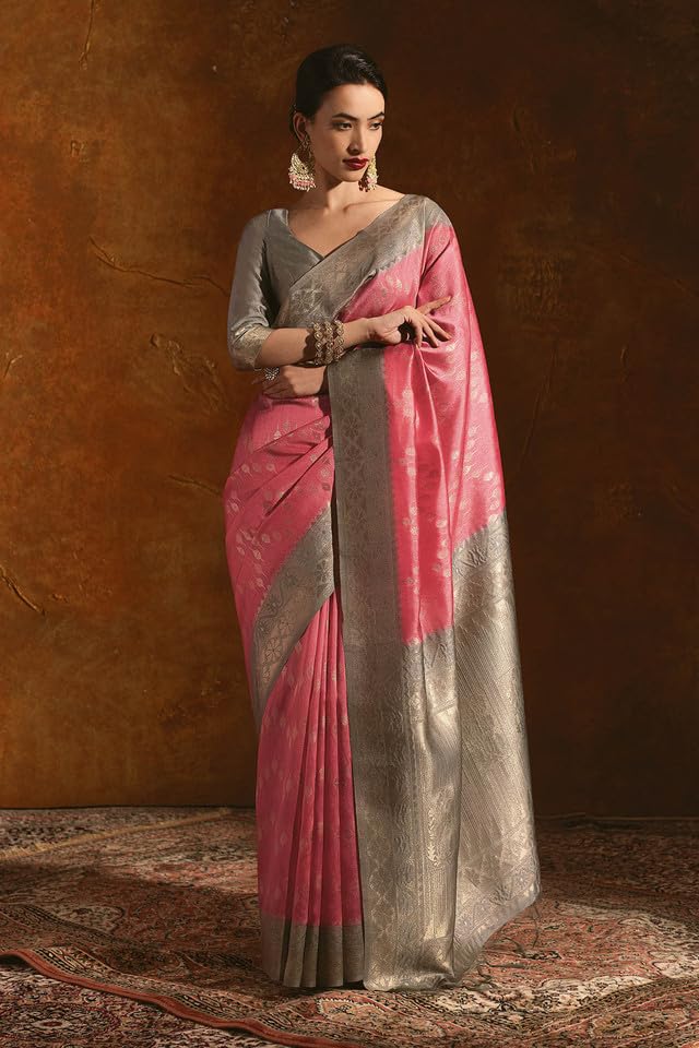 Soch Womens Pink Tussar Silk Saree With Woven Zari Designs And Grey Pallu