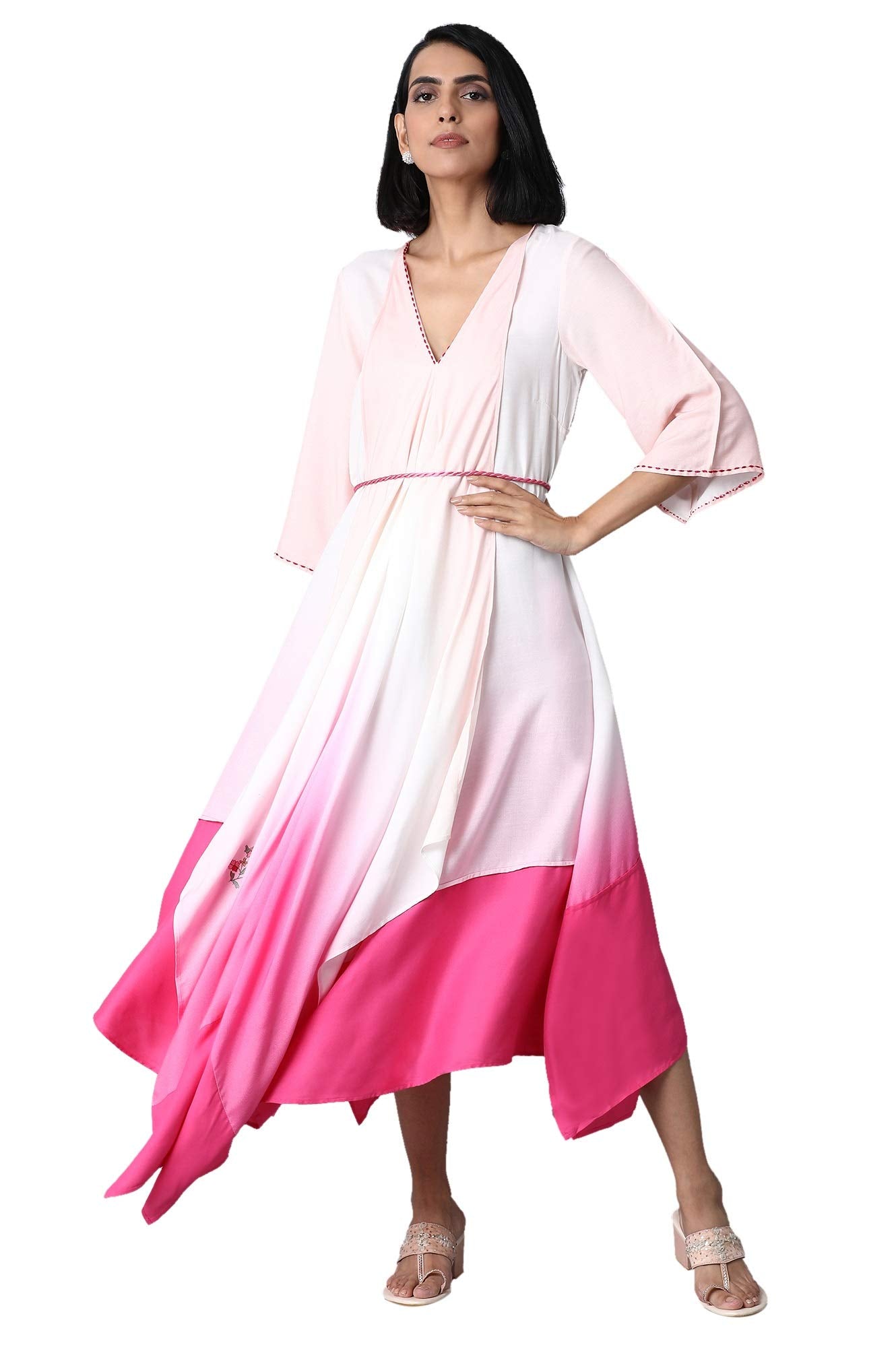 W for Woman Women's Viscose Flared Knee-Length Dress (21FEW13562-114375_Light Blue_8)