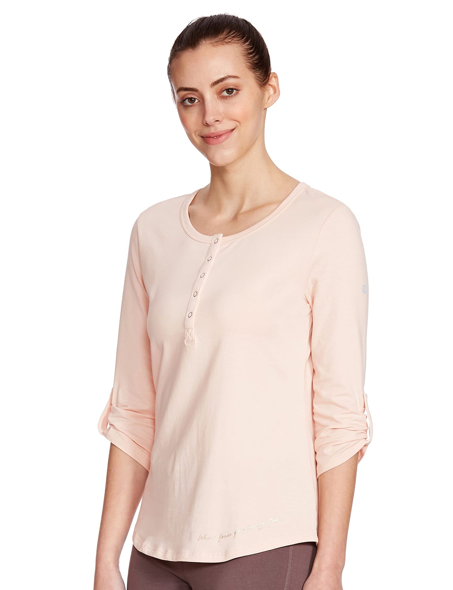 Enamor Essentials Women's Slim Fit Henley Neck 3/4th Sleeves Cotton Tee with Snap Button Placket Front & Sleeve Tab - E129(E129-Pink Pearl W/Energy-L)