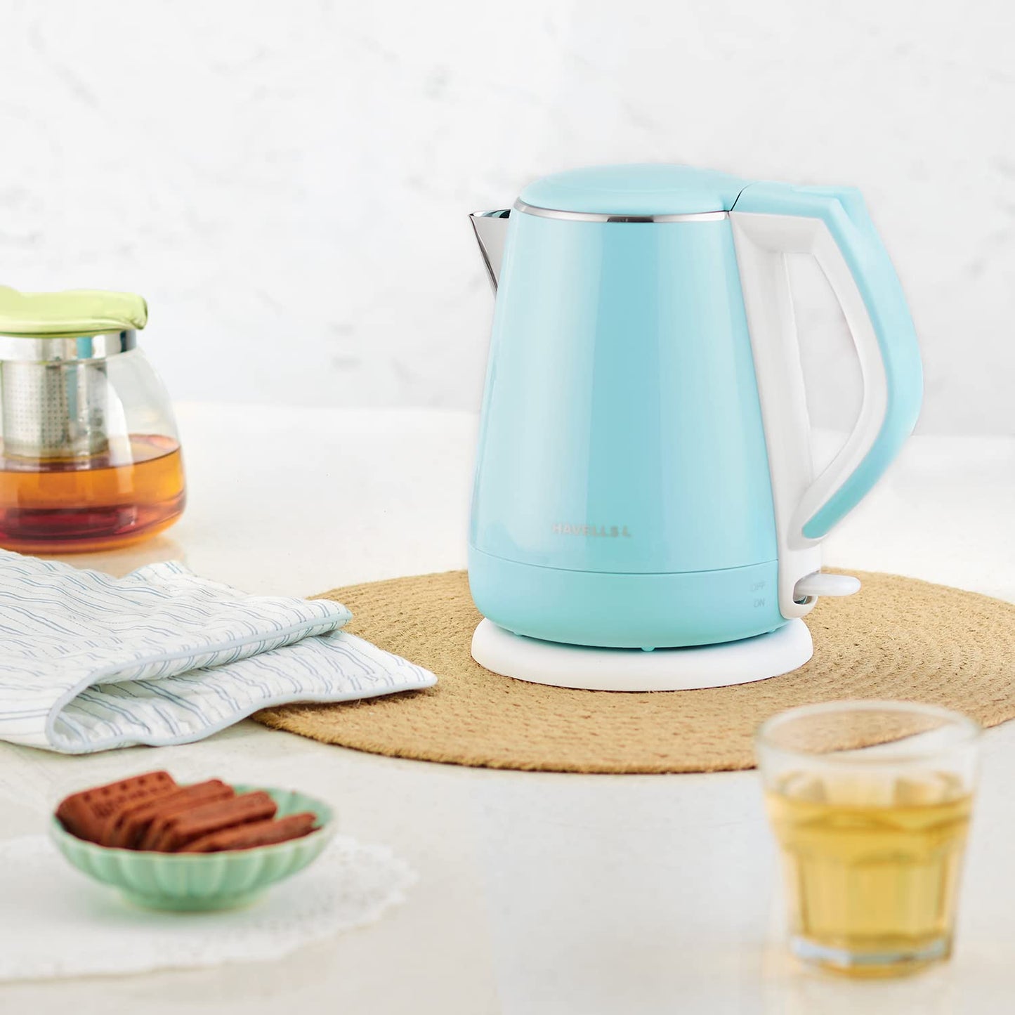 Havells Aqua Plus Electric Kettle 1.2 Litre, 1250 Watt | 304 Stainless Steel Inner Body | Cool Touch Body | Auto Shut-Off |Wider Mouth| 2 Year Warranty (Blue)