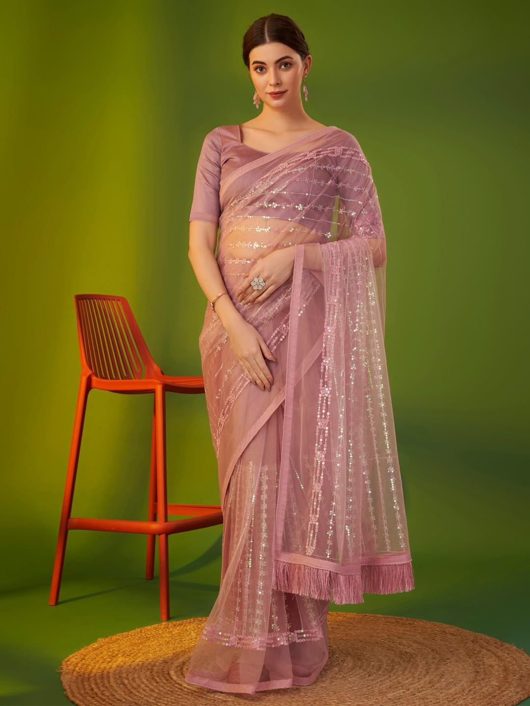 AKHILAM Women's Mauve Net Embellished Lace Work Saree with Unstitched Blouse Piece (AAVYA3501_HV)
