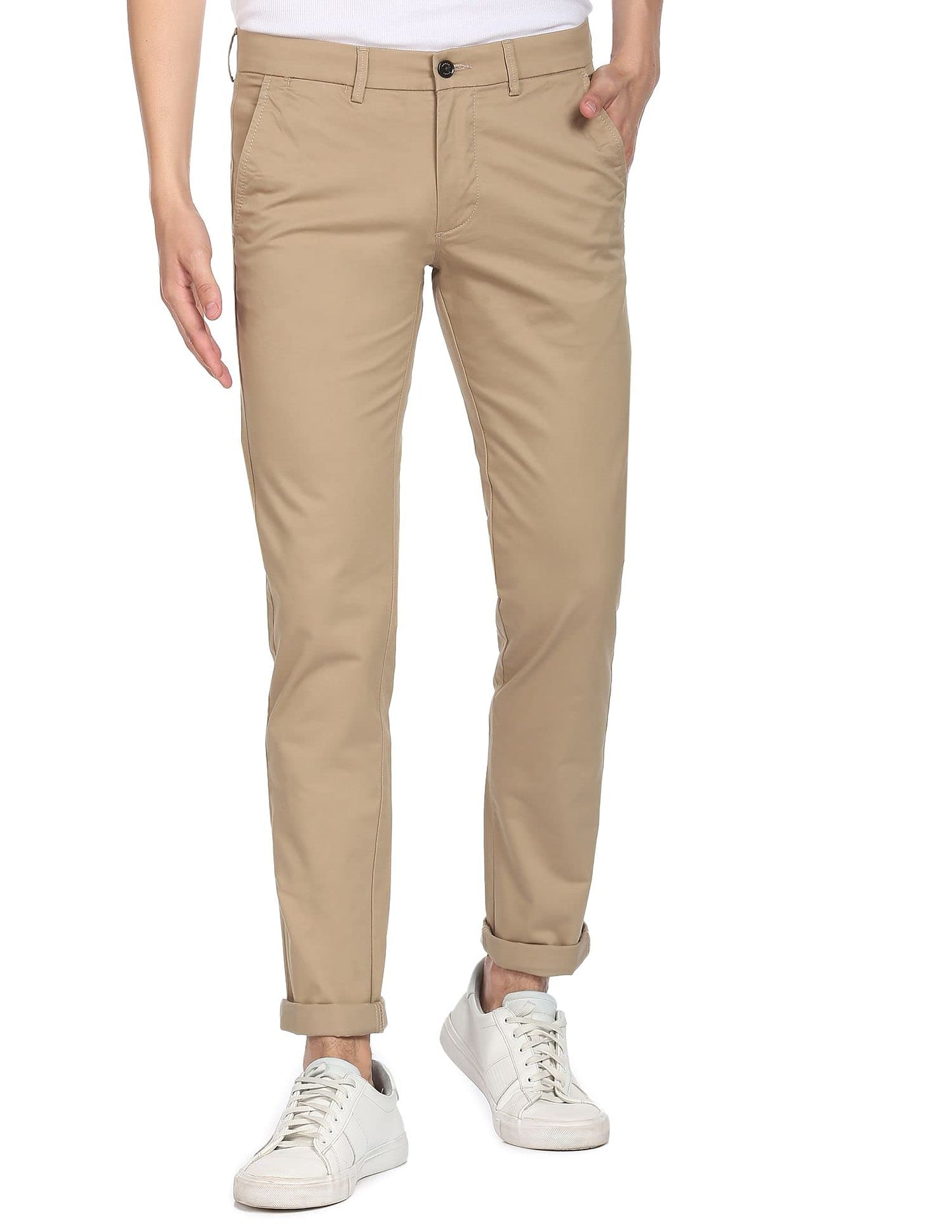Arrow Men's Solid Slim Fit Acrylic Casual Trouser Khaki