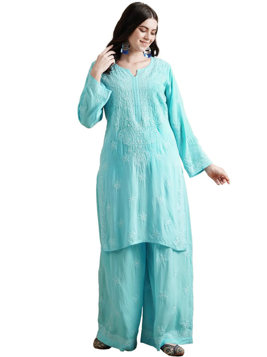 Ada Hand Embroidered Lucknowi Chikankari Modal Kurta and Palazzo Set Co ord Set for Women A811233 Blue (5XL)