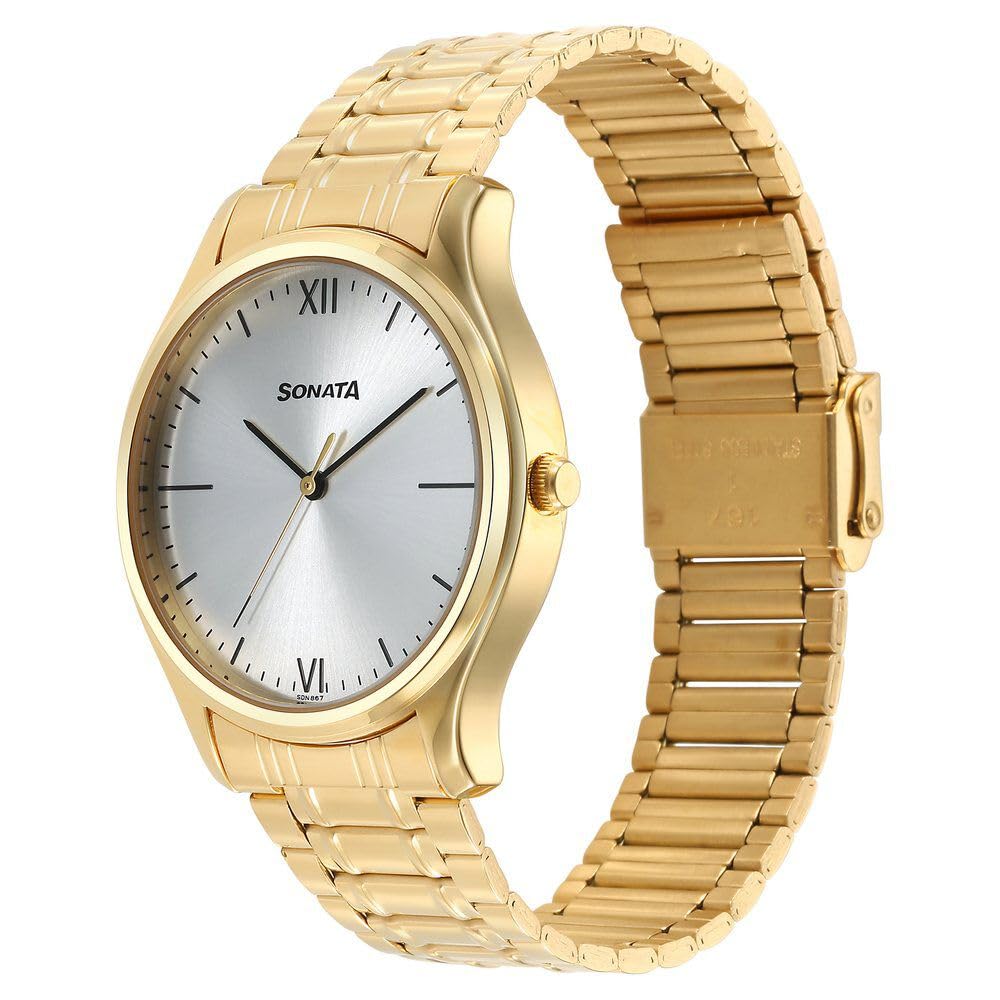 Fastrack Stainless Steel Analog Silver Dial Men's Casual Watch, Band Color:Gold