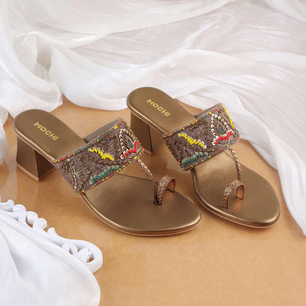 Mochi Women Antique Gold Ethnic Embellished Block Heel Sandal UK/5 EU/38 (35-1284)