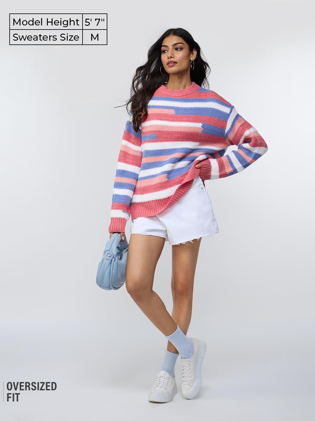 The Souled Store Textured Sweater: Heather Women and Girls Full Sleeves Round Neck Pink Blue and White Striped Acrylic Nylon Chunky Knit Casual Winter Pullover Oversized Sweater
